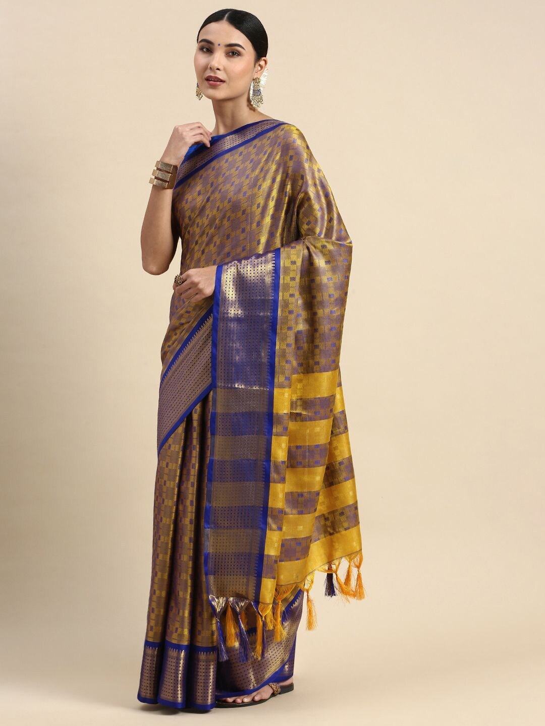 Nimidiya Ethnic Motif Woven Design Zari Silk Cotton Saree, Brown