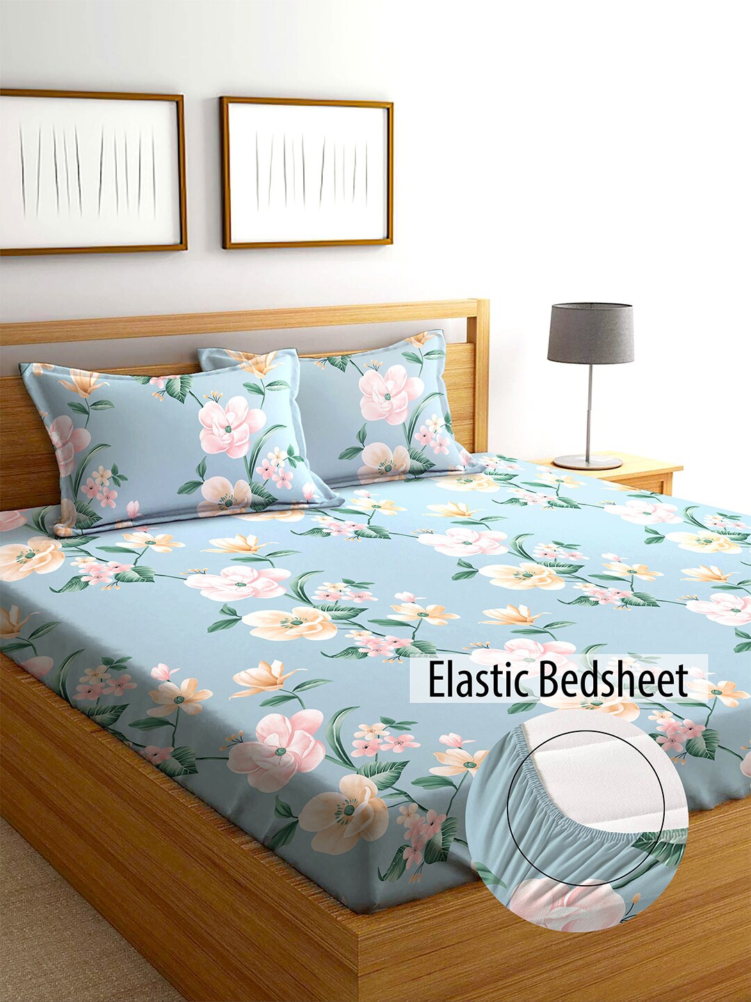 AEROHAVEN Yamuna Blue & Pink Floral Printed 240 TC Fitted Cotton King Bedsheet Set