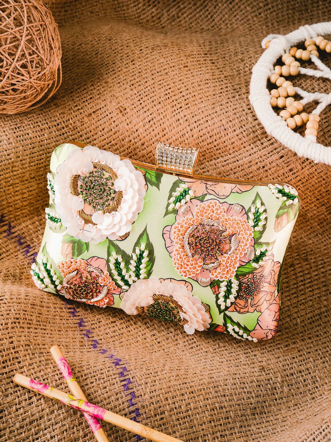 NR By Nidhi Rathi Women Embroidered Fabric Box Clutch, Green