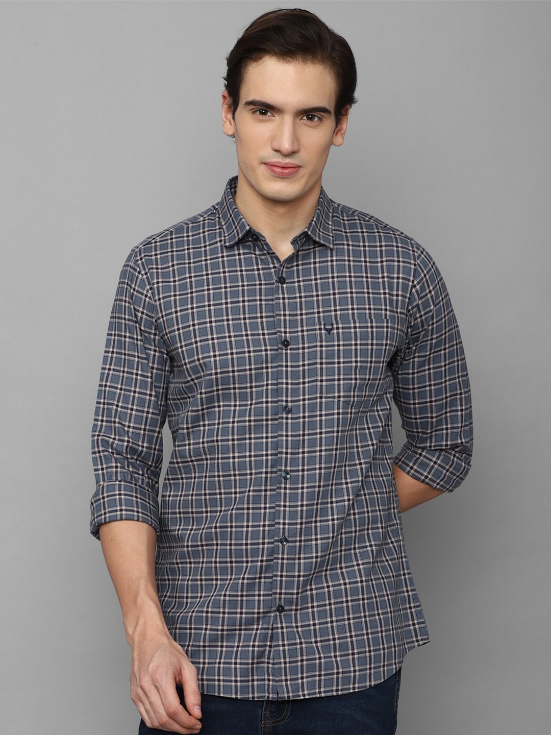 Allen Solly Spread Collar Slim Fit Tartan Checked Pure Cotton Casual Shirt, Grey