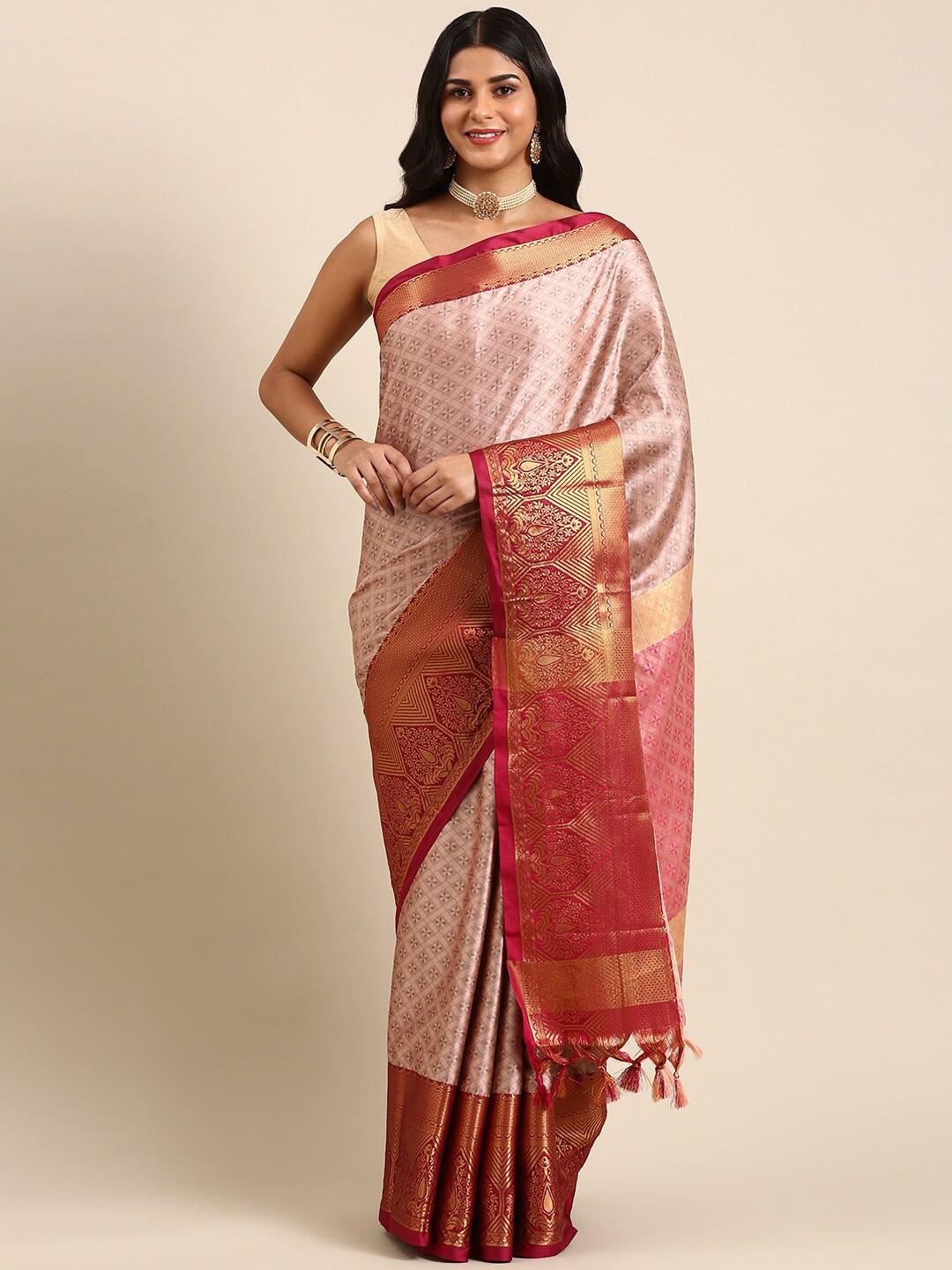 Anouk Ethnic Motif Woven Design Zari Kanjeevaram Saree, Pink
