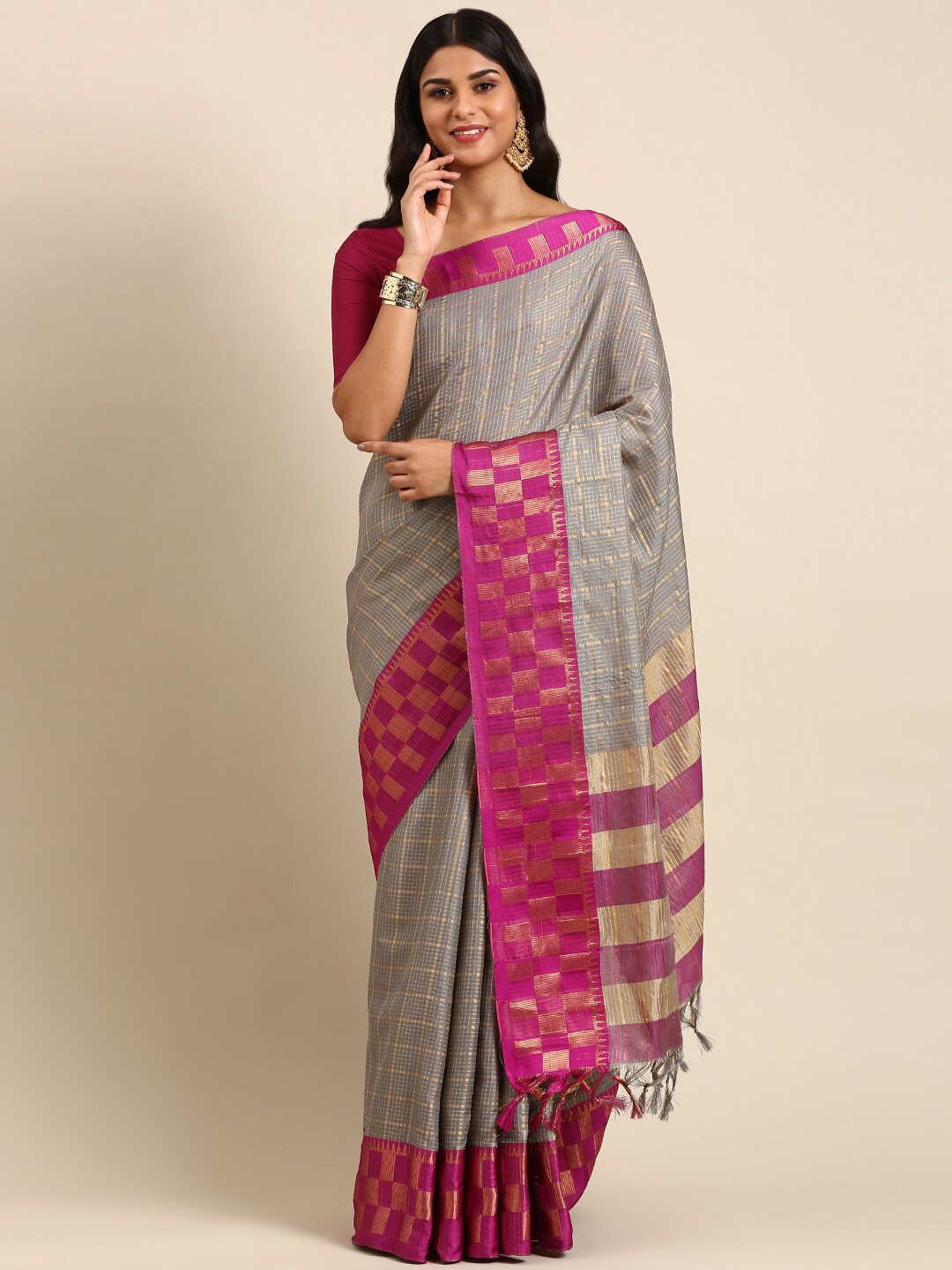 Anouk Checked Woven Design Zari Kanjeevaram Saree, Grey