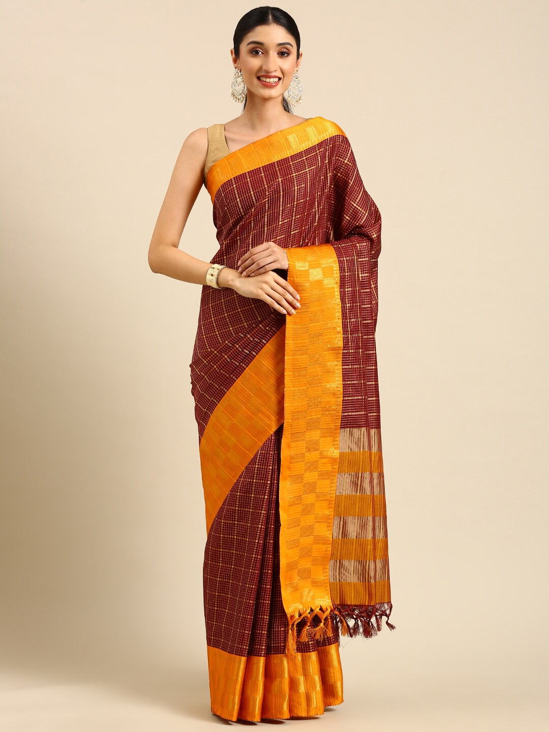 Anouk Checked Woven Design Zari Kanjeevaram Saree, Maroon