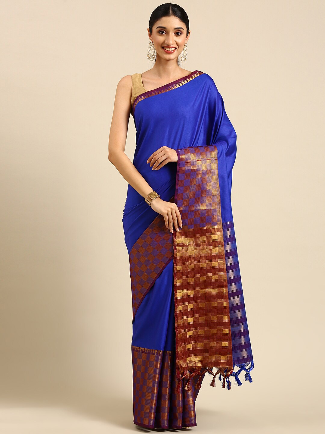 Anouk Checked Silk Blend Kanjeevaram Zari Saree With Tassel, Blue