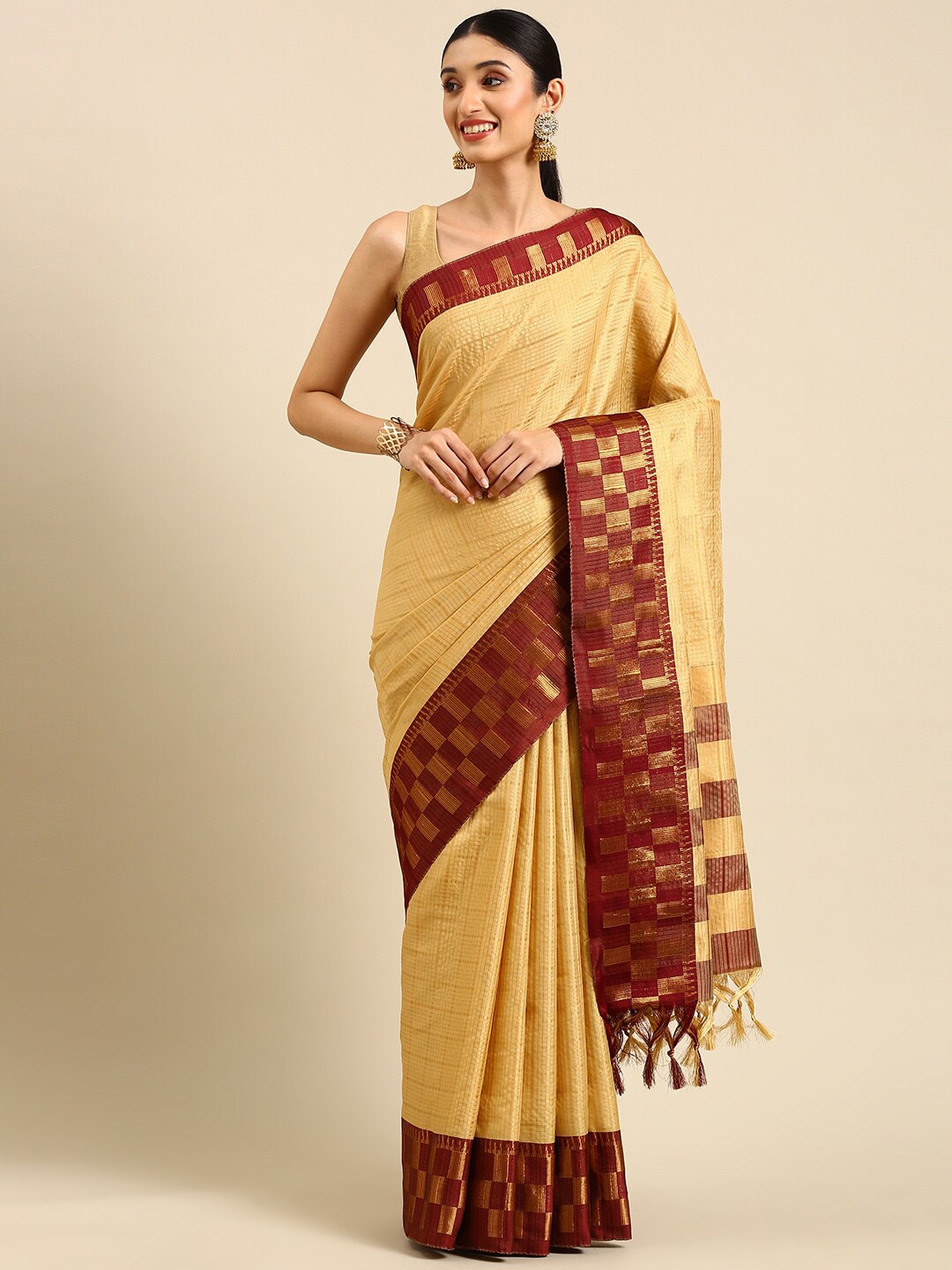 Anouk Beige & Maroon Checked Zari Kanjeevaram Saree