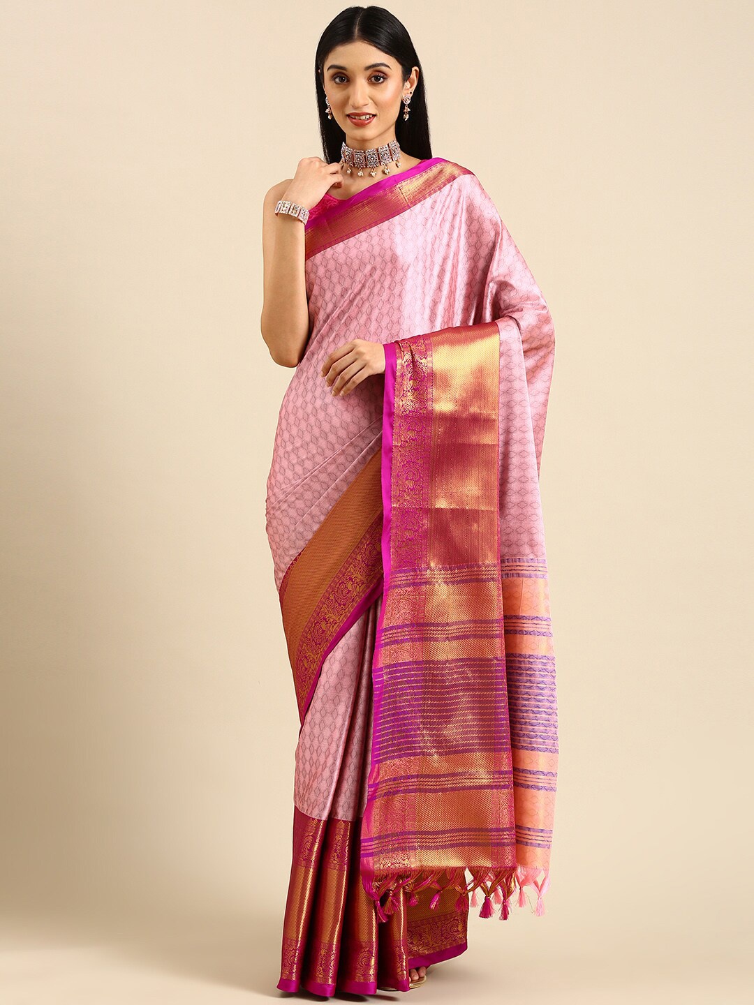 Anouk Pink & Purple Woven Design Zari Kanjeevaram Saree