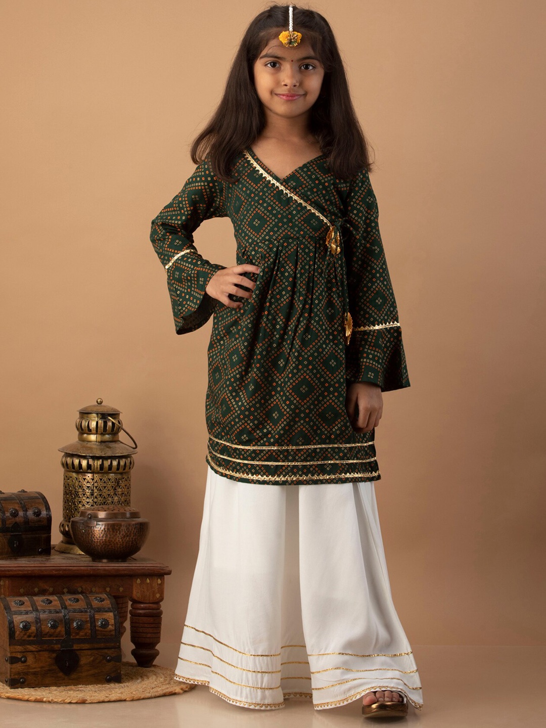 misbis Girls Printed Angrakha Gotta Patti Kurta With Skirt, Green