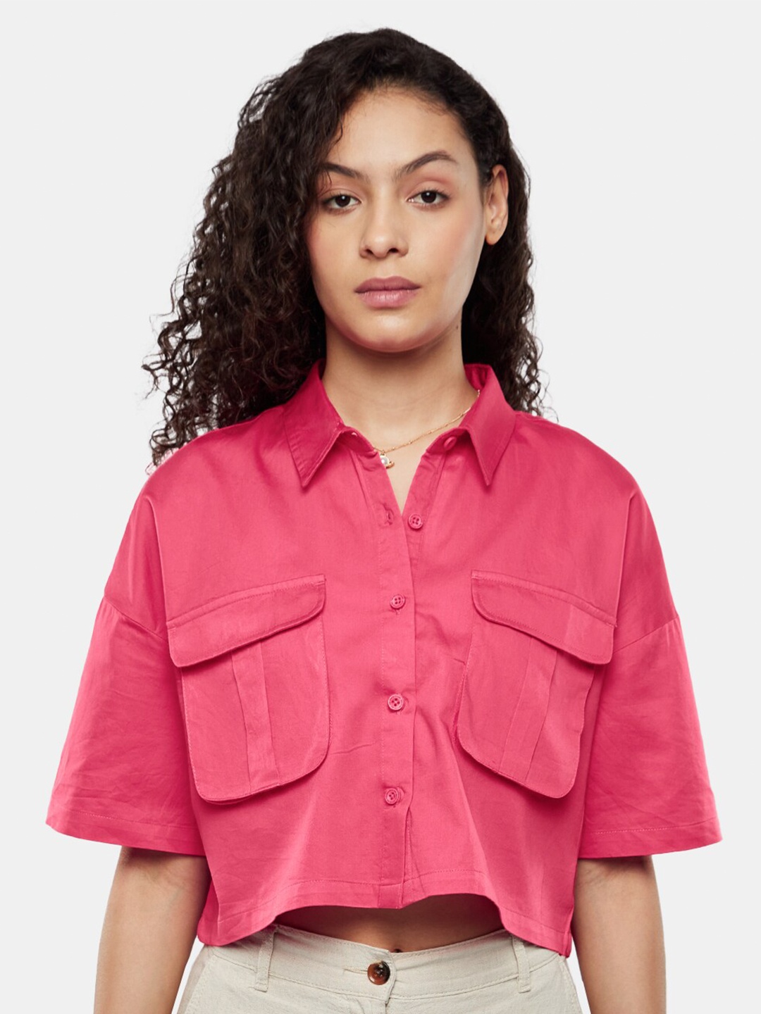 The Souled Store Pink Drop-Shoulder Sleeves Boxy Fit Crop Casual Shirt