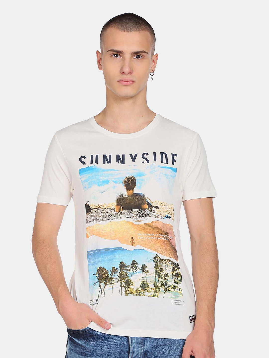 Flying Machine Graphic Printed Pure Cotton T-Shirt, White