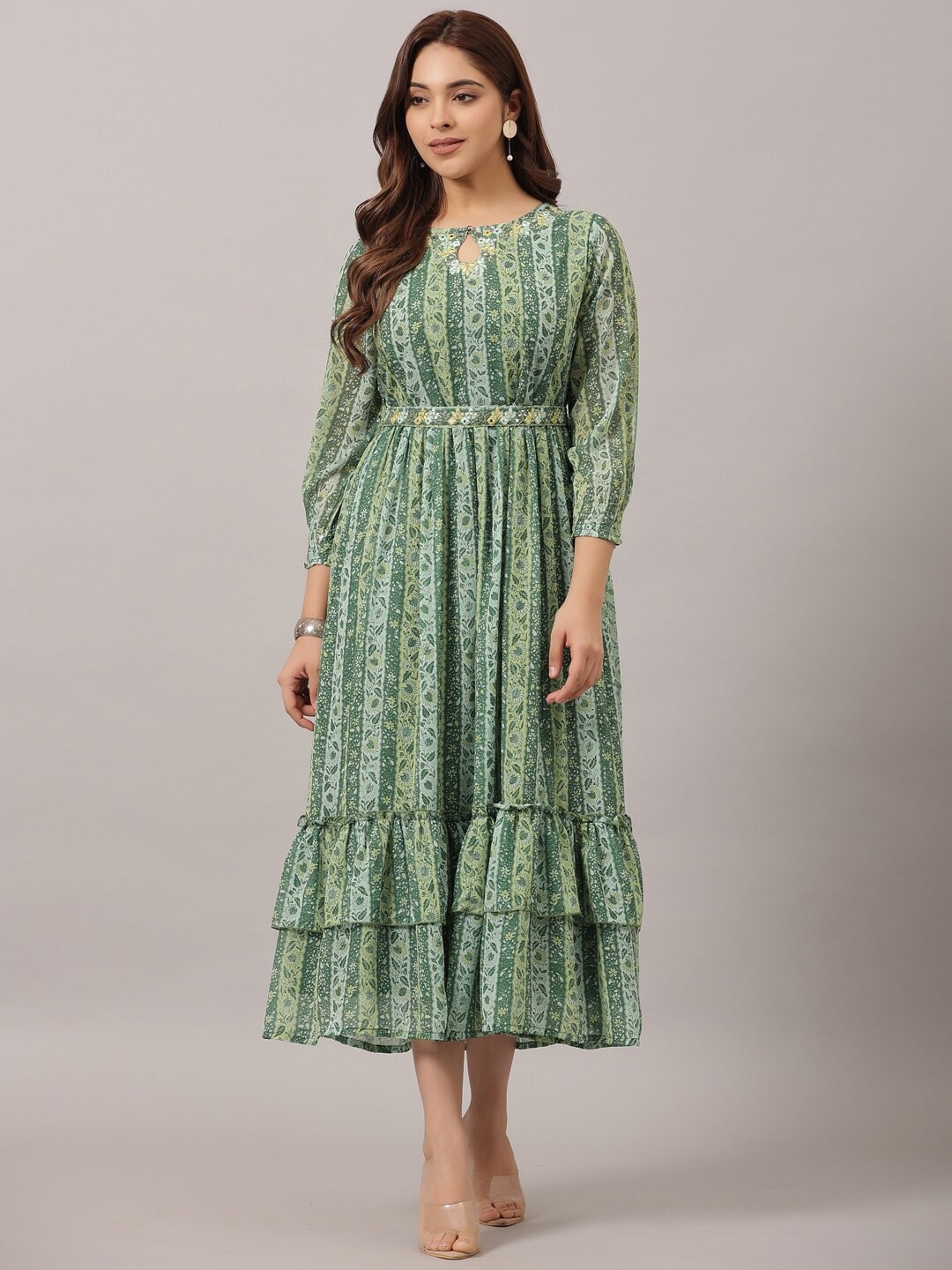 Amchoor Ethnic Motifs Printed Fit & Flare Midi Dress With Belt, Green