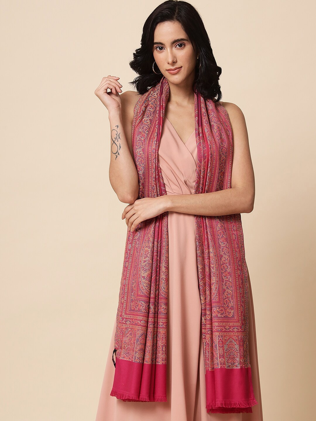 Pashtush Jaamwar Floral Woven Design Patterned Shawl, Pink