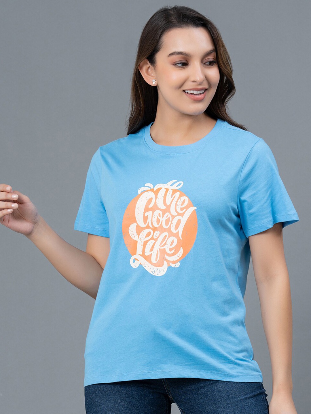 Mode by Red Tape Typography Printed Pure Cotton T-shirt, Blue