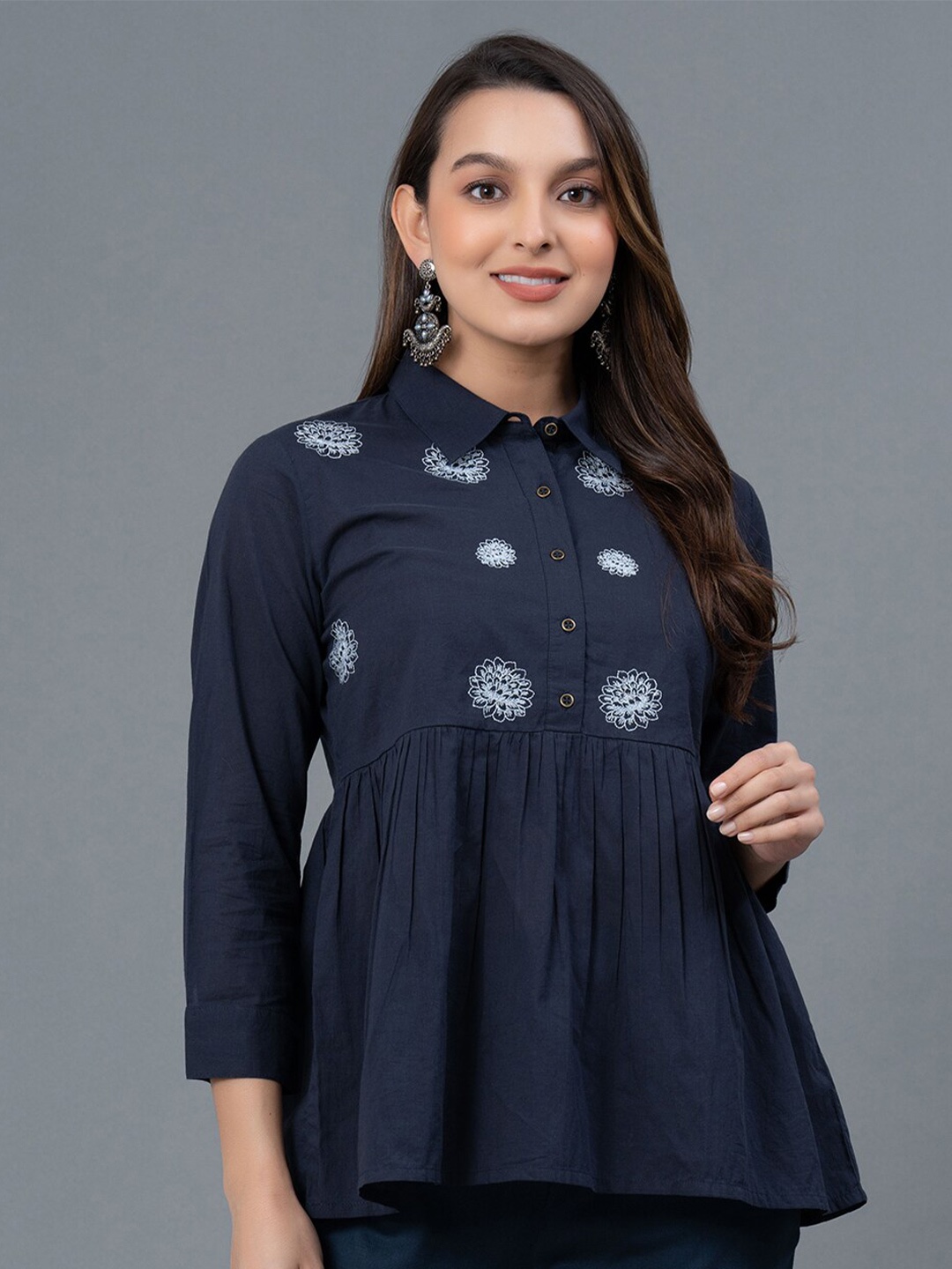 Mode by Red Tape Floral Embroidered Shirt Collar Cotton Peplum Top, Navy blue