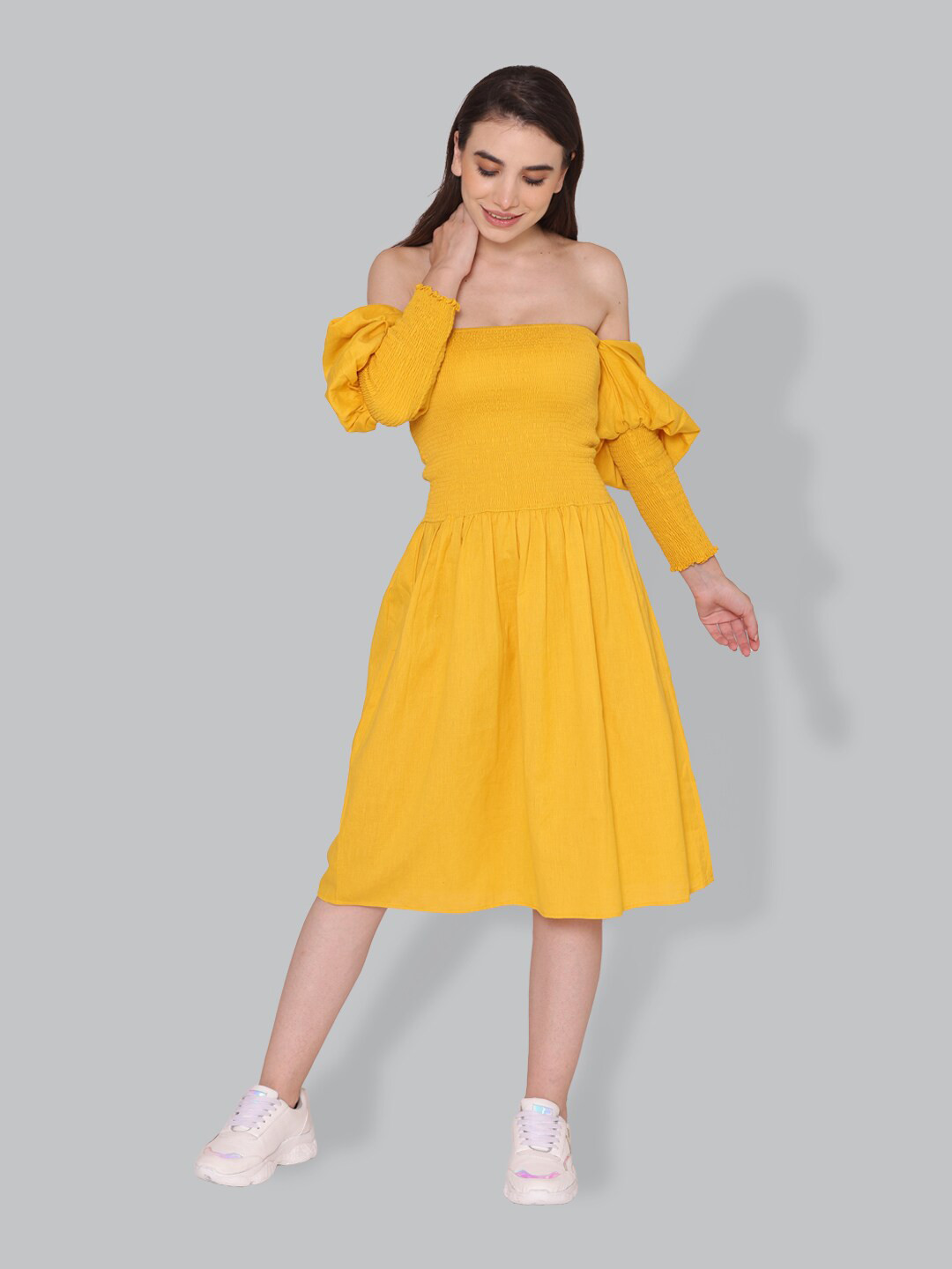 CUFFS N LASHES Off-Shoulder Puff Sleeves Smocked Cotton Fit & Flare Midi Dress, Mustard
CUFFS N LASHES Off-Shoulder Puff Sleeves Smocked Cotton Fit & Flare Midi Dress, Mustard