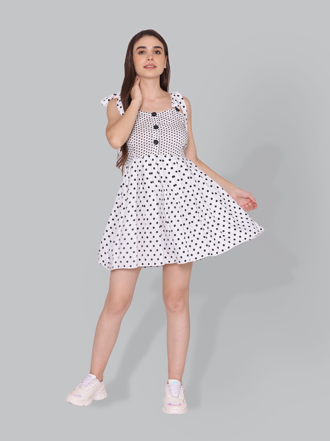 CUFFS N LASHES Polka Dot Printed Shoulder Strap Fit & Flare Mini Dress, White