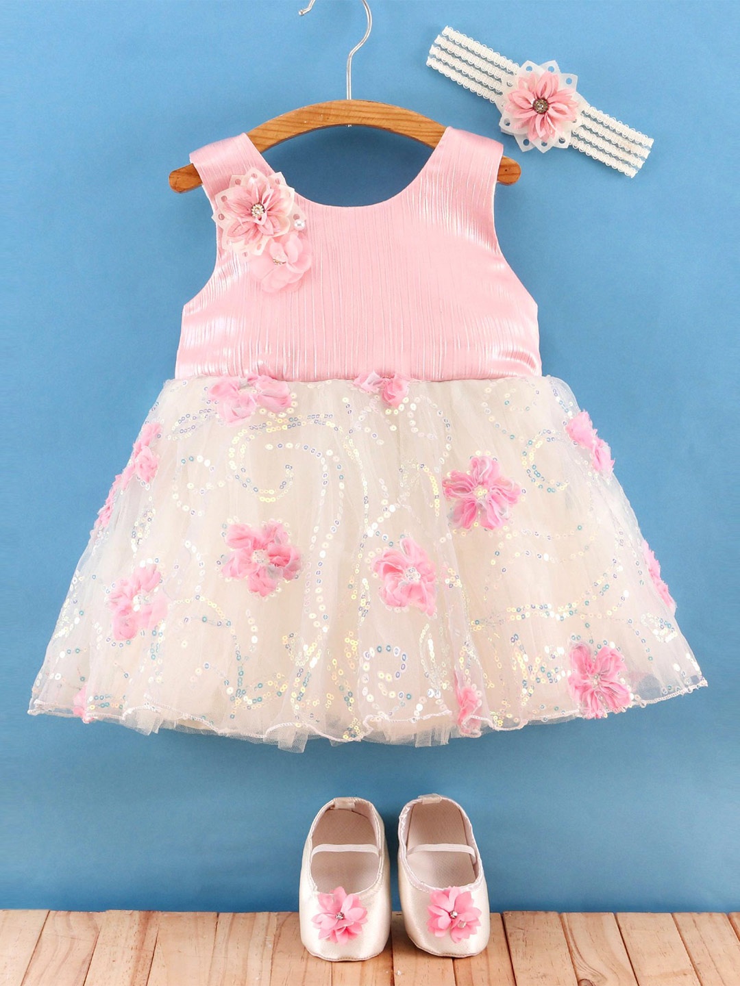Enfance Girls Self Design Net Fit & Flare Dress With Bellies & Hairband, Peach