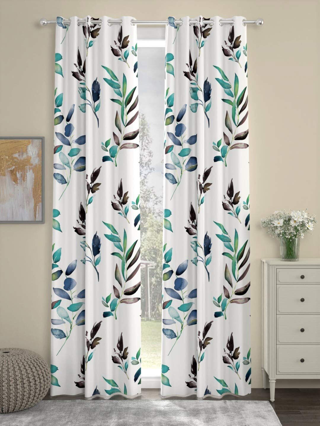URBAN SPACE White & Blue 2 Pieces Floral Printed Cotton Long Door Curtain