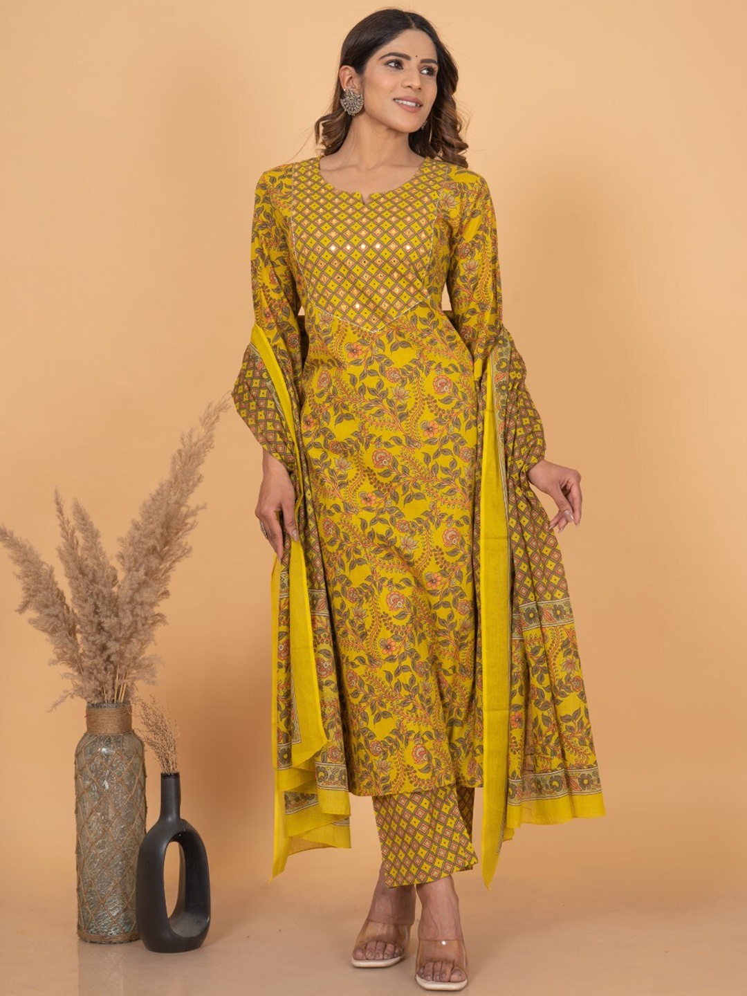 KALINI Floral Printed Notched Neck Mirror Work Pure Cotton Kurta With Palazzos & Dupatta, Yellow
KALINI Floral Printed Notched Neck Mirror Work Pure Cotton Kurta With Palazzos & Dupatta, Yellow