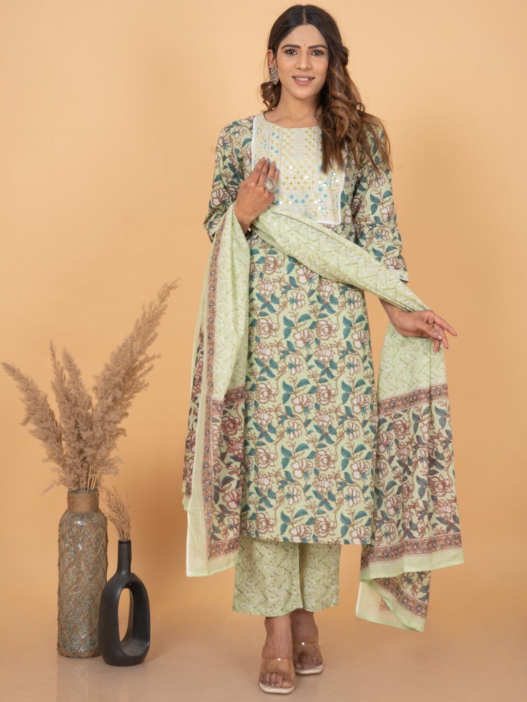 KALINI Floral Printed Mirror Work Pure Cotton Kurta With Trousers & Dupatta, Sea green
KALINI Floral Printed Mirror Work Pure Cotton Kurta With Trousers & Dupatta, Sea green