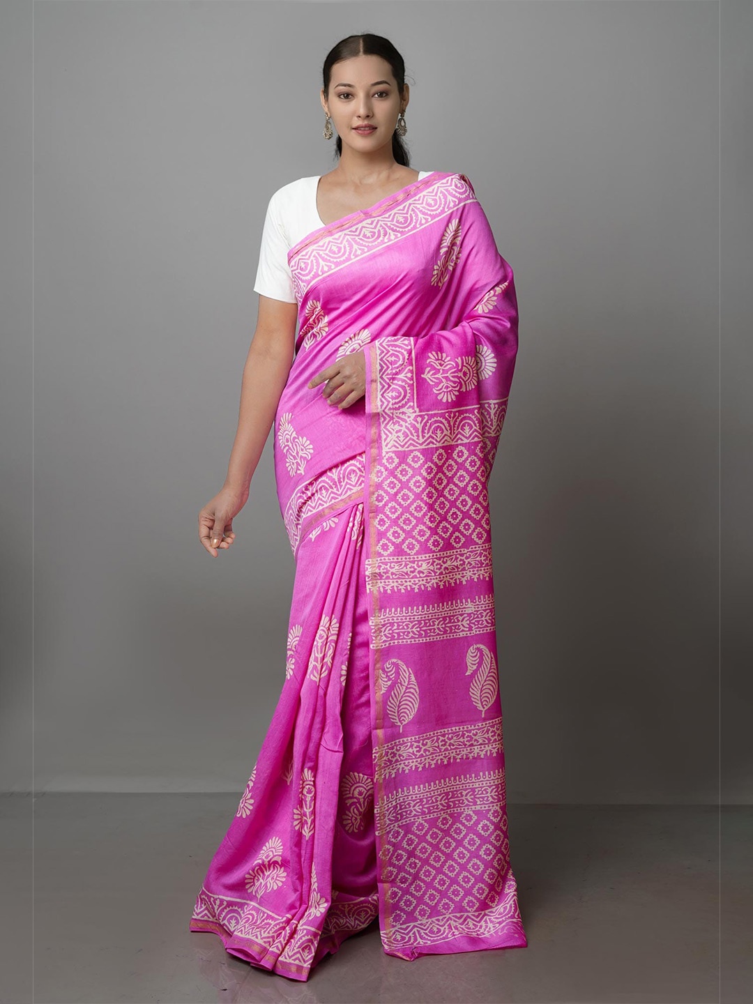 Unnati Silks Ethnic Motifs Zari Chanderi Saree, Pink