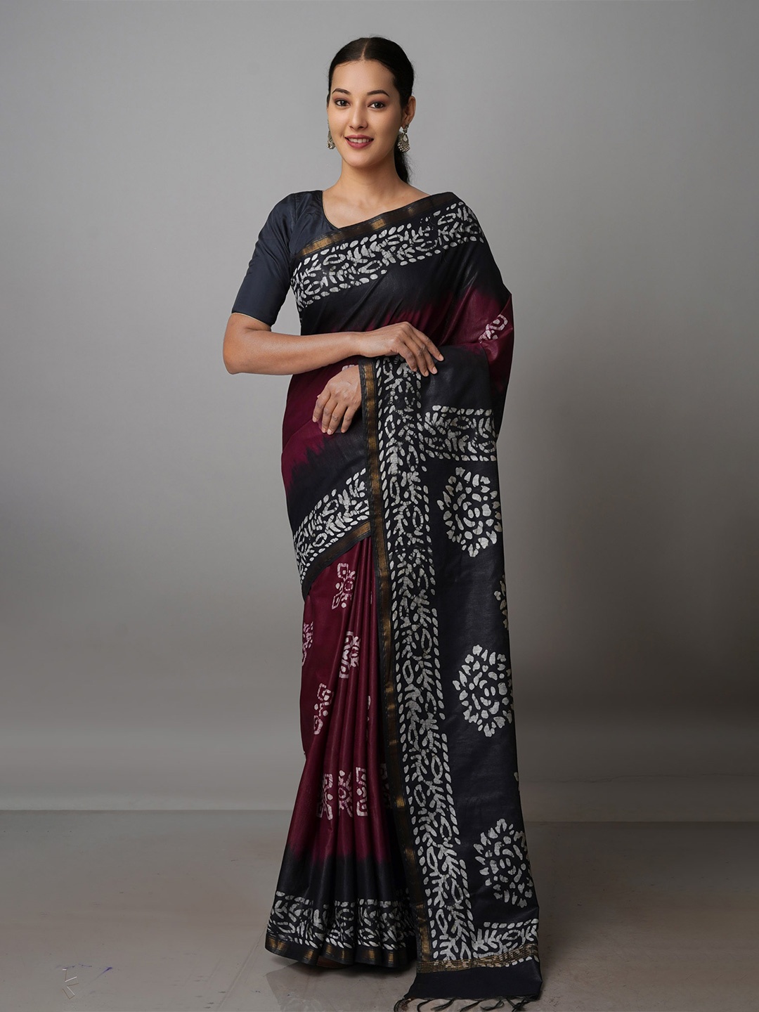 Unnati Silks Batik Zari Pure Silk Chanderi Saree, Burgundy