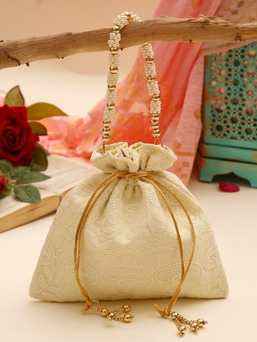 GLAM STORY Women Embellished Potli Clutch, White