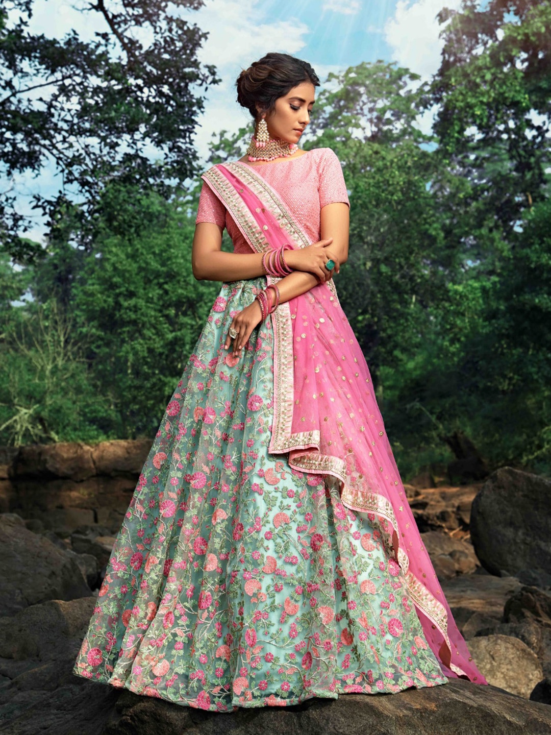 Angroop Floral Embroidered Sequinned Semi-Stitched Lehenga Choli With Dupatta, Turquoise blue