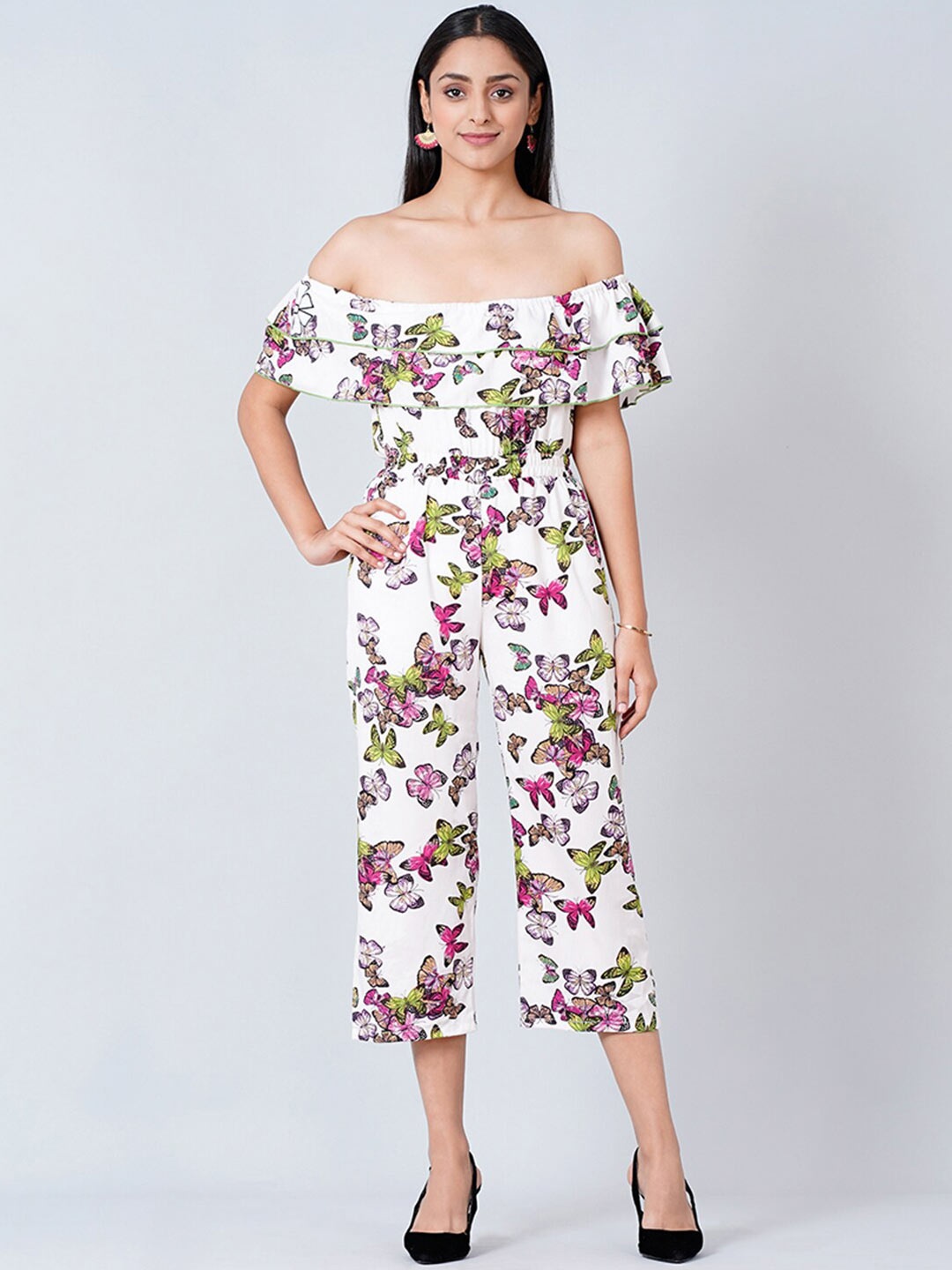 First Resort by Ramola Bachchan Off-Shoulder Printed Capri Jumpsuit with Ruffles, White
First Resort by Ramola Bachchan Off-Shoulder Printed Capri Jumpsuit with Ruffles, White