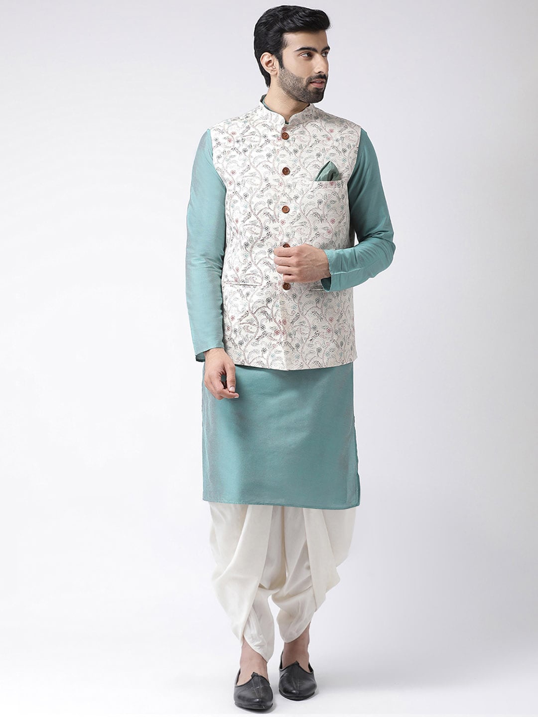 KISAH Mandarin Collar Straight Pure Cotton Kurta with Dhoti Pants & Nehru Jacket, Green
KISAH Mandarin Collar Straight Pure Cotton Kurta with Dhoti Pants & Nehru Jacket, Green