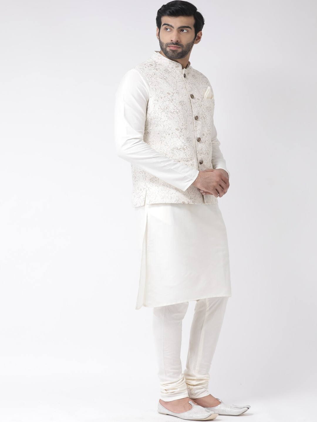 KISAH Mandarin Collar Straight Pure Cotton Kurta with Churidar & Nehru Jacket, Off white
KISAH Mandarin Collar Straight Pure Cotton Kurta with Churidar & Nehru Jacket, Off white