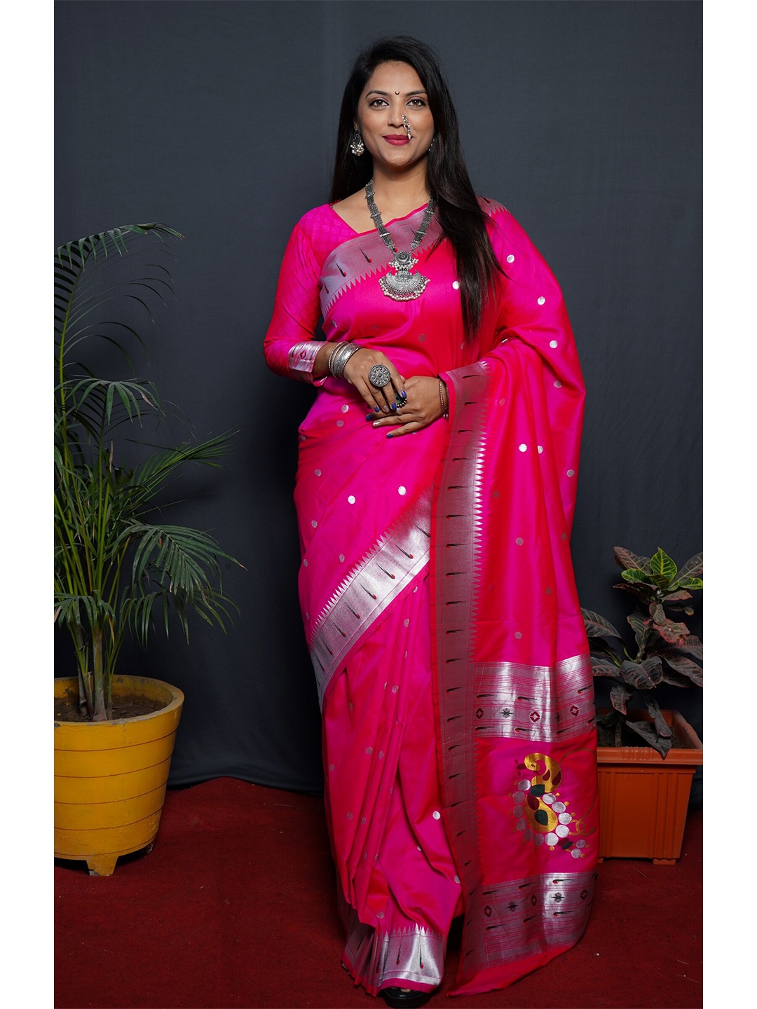 AVANTIKA FASHION Polka Dot Woven Design Zari Pure Silk Paithani Saree, Pink