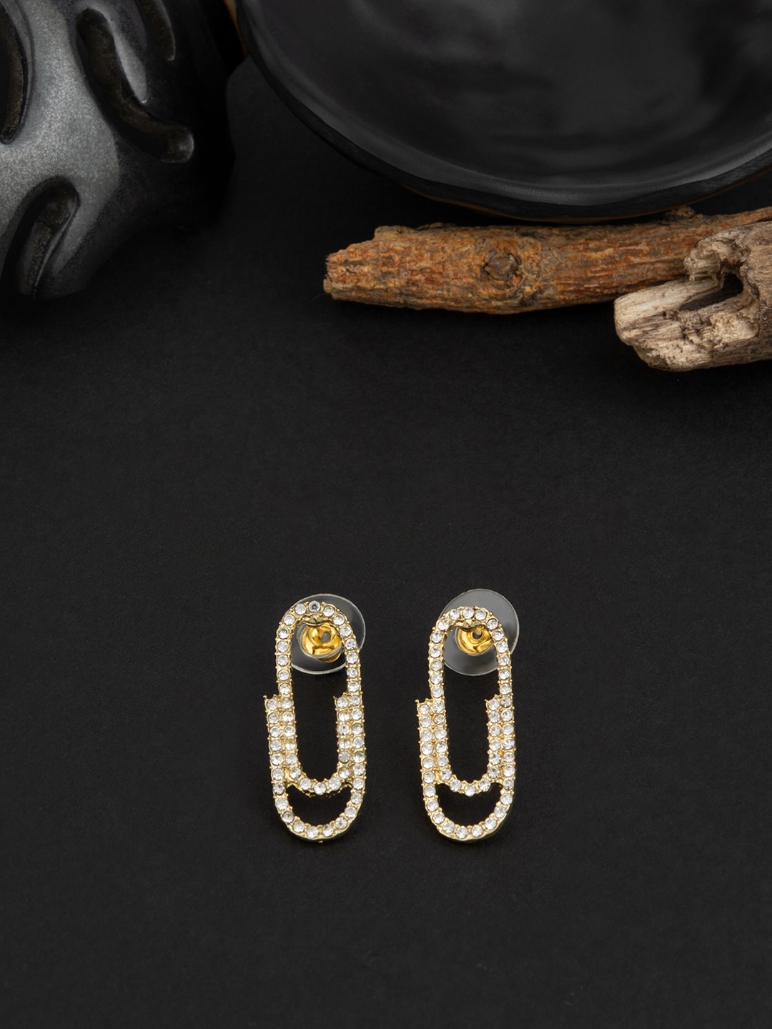 E2O Gold-Plated Contemporary Stone Studded Drop Earrings