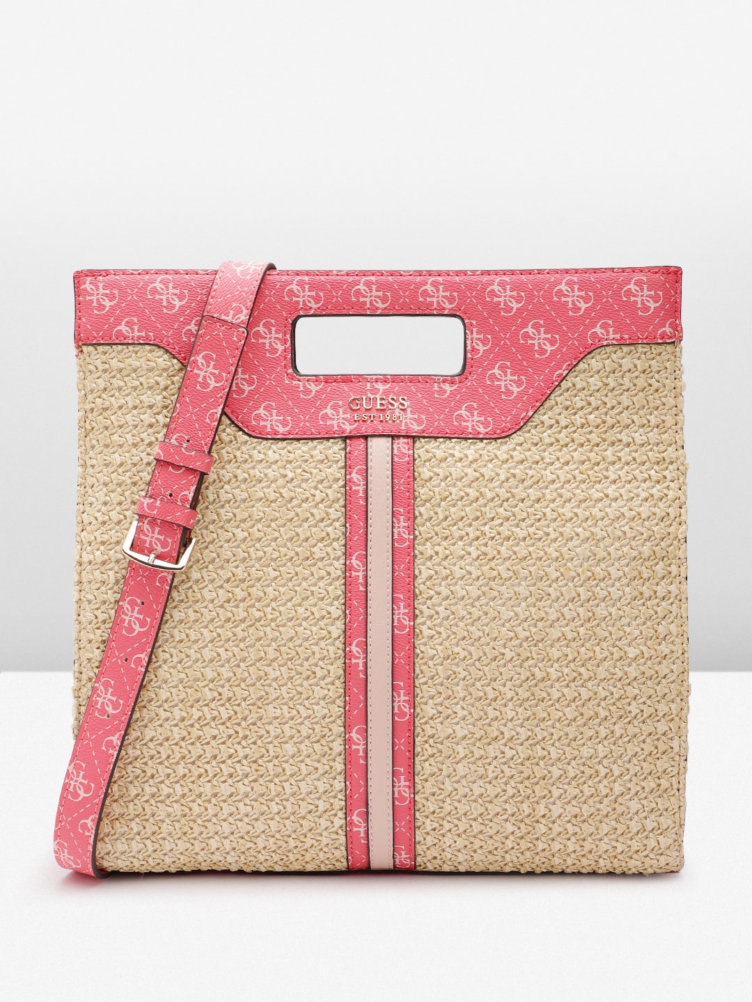 GUESS Brand Logo Printed Woven Design Handheld Bag, Cream