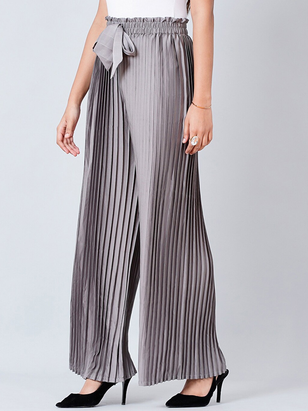 First Resort by Ramola Bachchan Striped Accordion Pleated Palazzos with Waist Tie-Up, Grey
First Resort by Ramola Bachchan Striped Accordion Pleated Palazzos with Waist Tie-Up, Grey