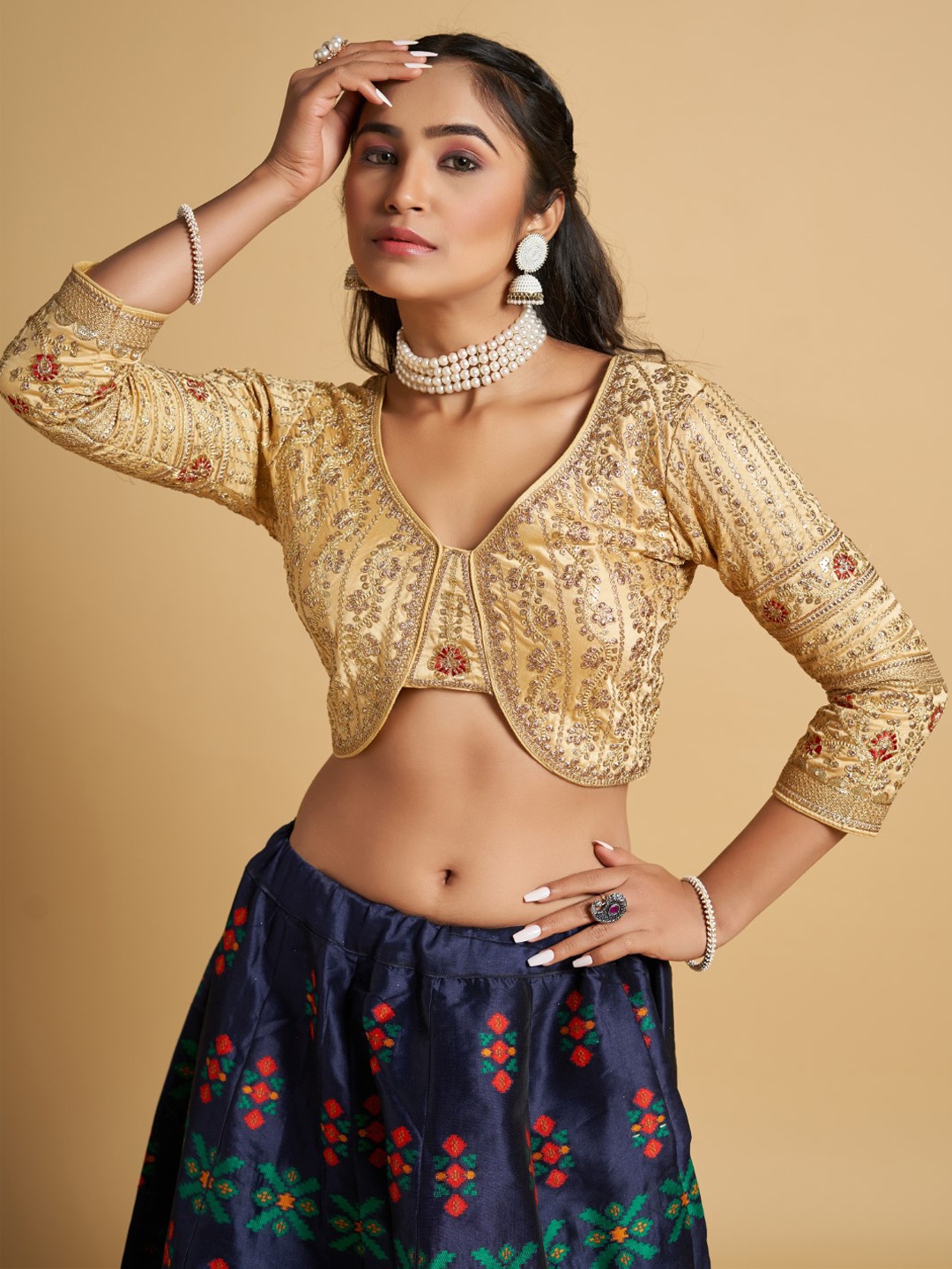 HIMRISE Embroidered V-Neck Saree Blouse, Gold