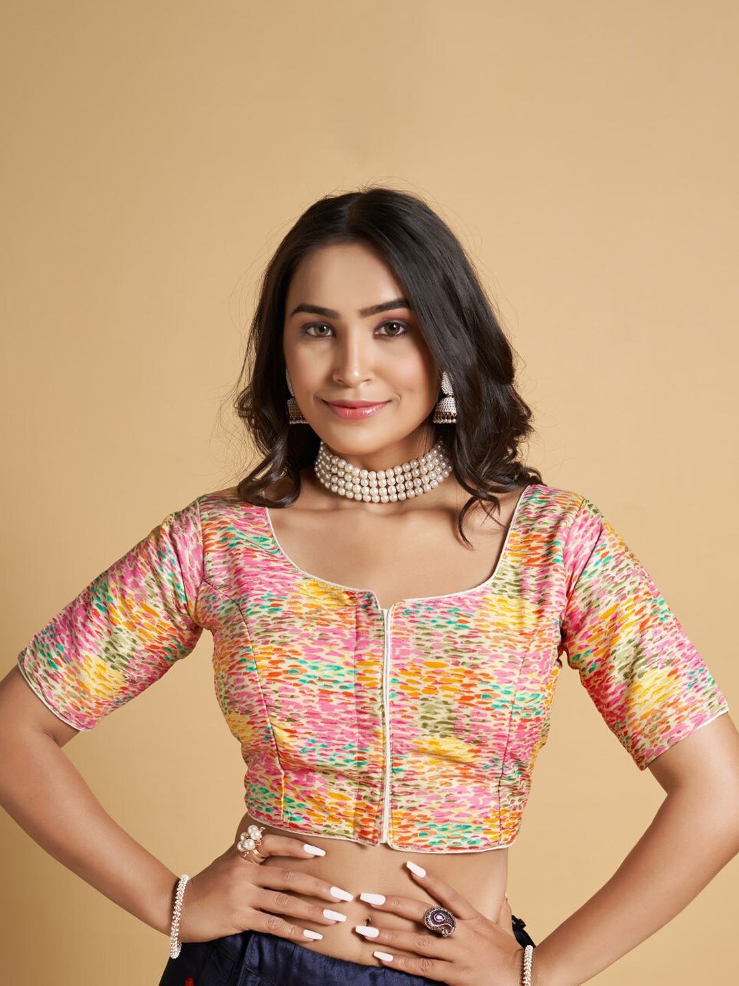 HIMRISE Printed Cotton Silk Saree Blouse, Pink