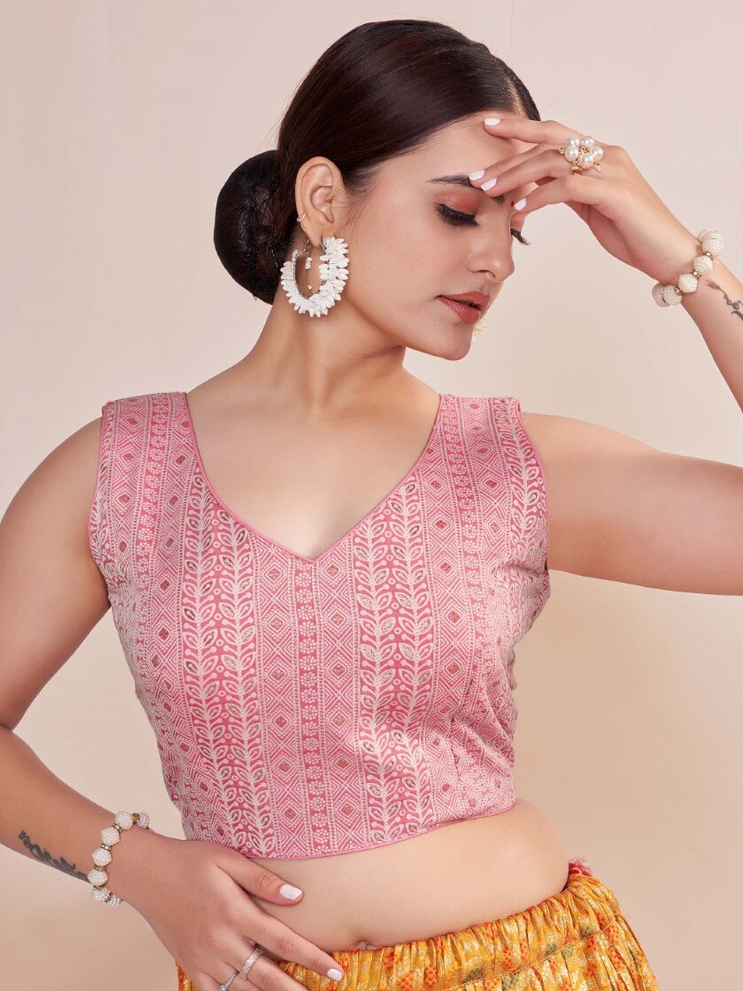 HIMRISE Printed Sleeveless Saree Blouse, Pink