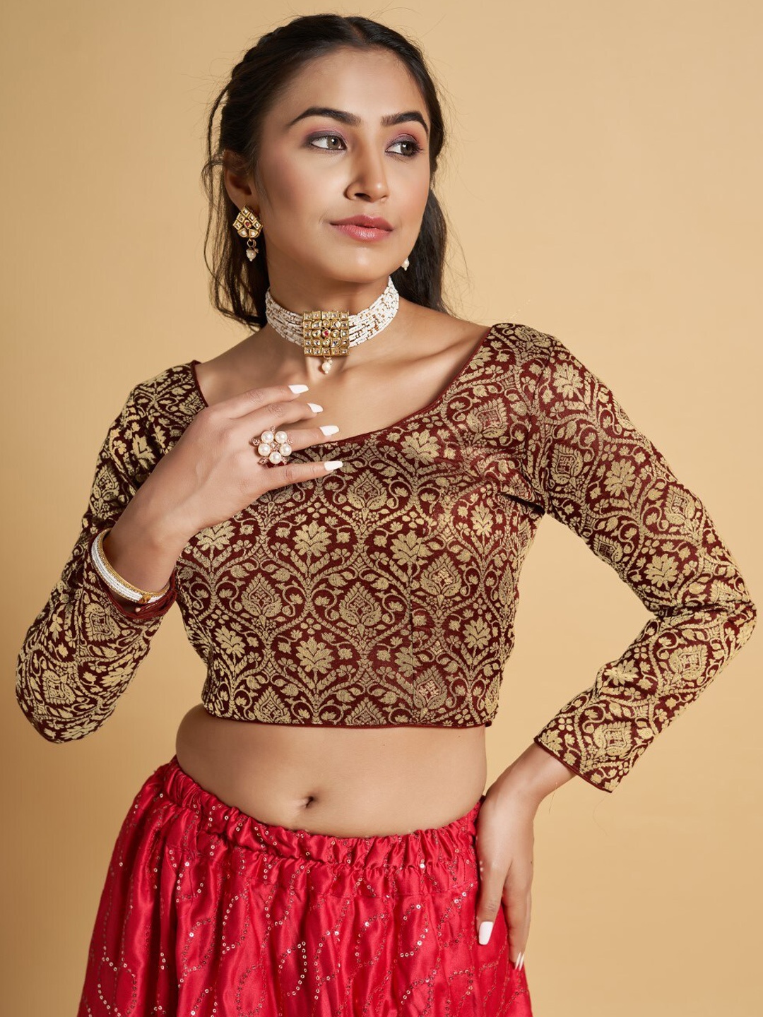 HIMRISE Jacquard Woven Full Sleeve Saree Blouse, Maroon