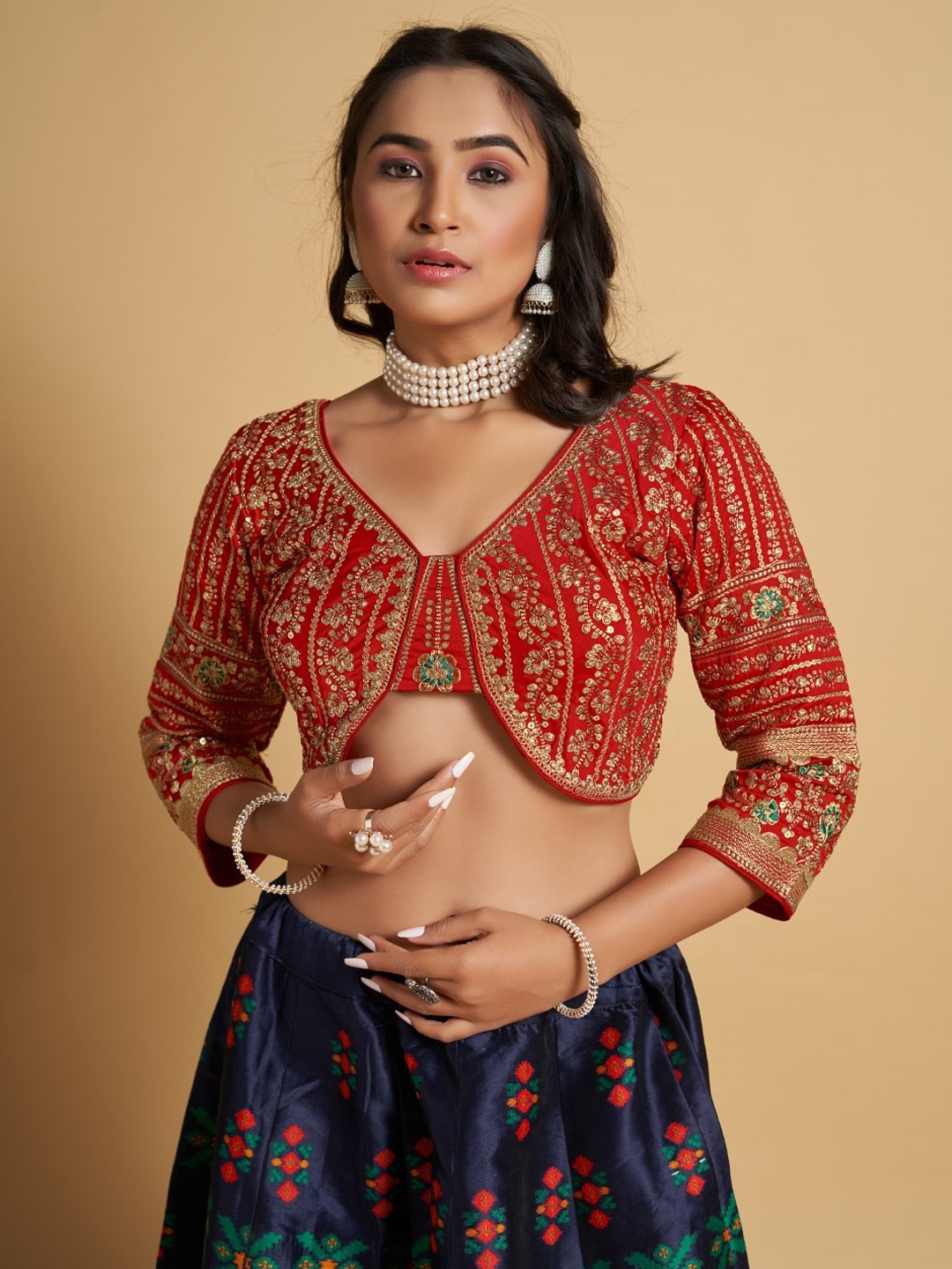 HIMRISE Embroidered Silk Saree Blouse, Red