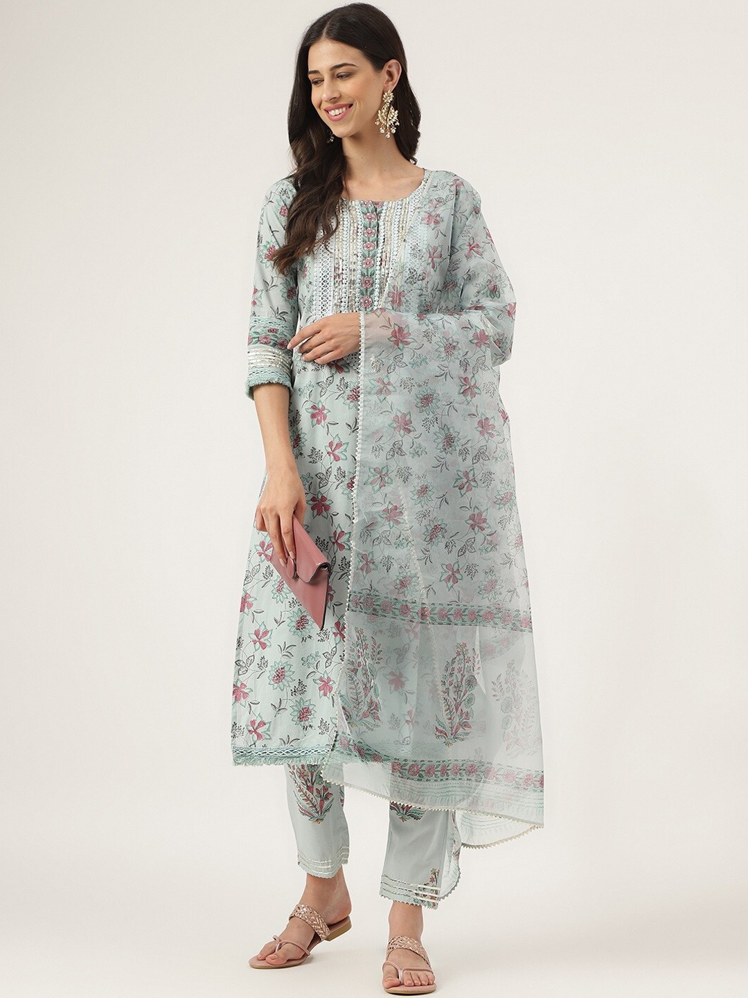 Divena Floral Printed Gotta Patti Pure Cotton Kurta With Trousers & Dupatta, Blue
Divena Floral Printed Gotta Patti Pure Cotton Kurta With Trousers & Dupatta, Blue