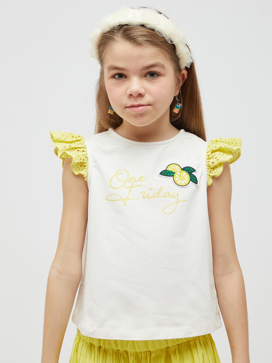 One Friday Girls Typography Printed Flutter Sleeve Applique Detail Top, Off white
One Friday Girls Typography Printed Flutter Sleeve Applique Detail Top, Off white