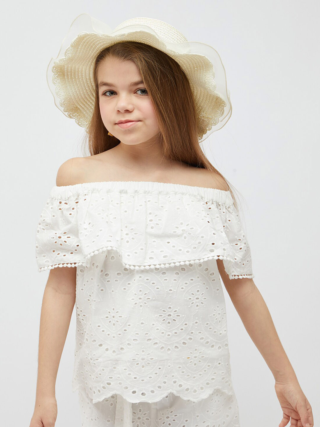 One Friday Girls Self Design Flutter Sleeve Schiffli Pure Cotton Bardot Top, Off white 
One Friday Girls Self Design Flutter Sleeve Schiffli Pure Cotton Bardot Top, Off white