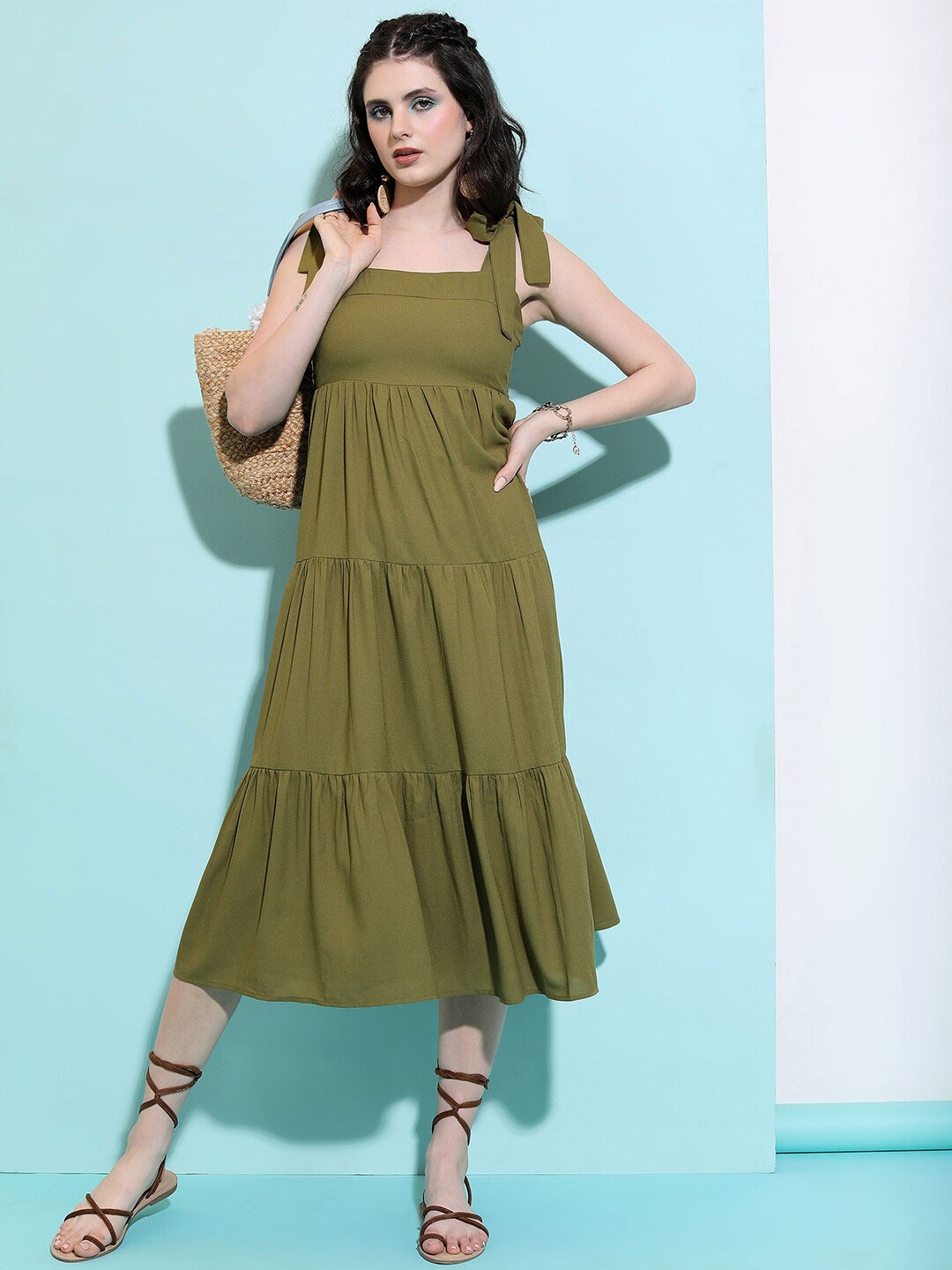 

Tokyo Talkies Red Shoulder Strap Gathered Tiered Fit & Flare Midi Dress, Olive