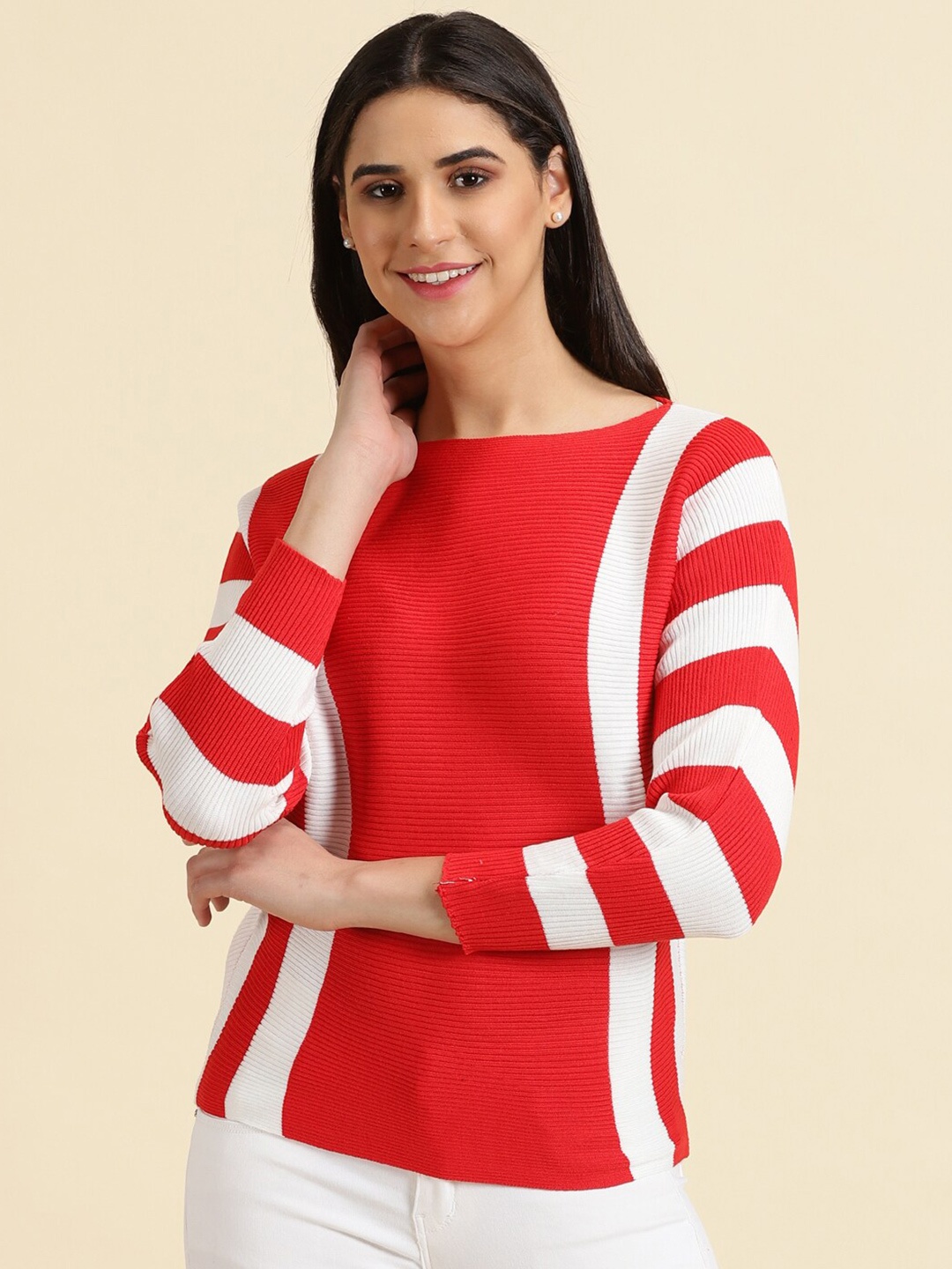 SHOWOFF Striped Acrylic Boat Neck Regular Top, Red