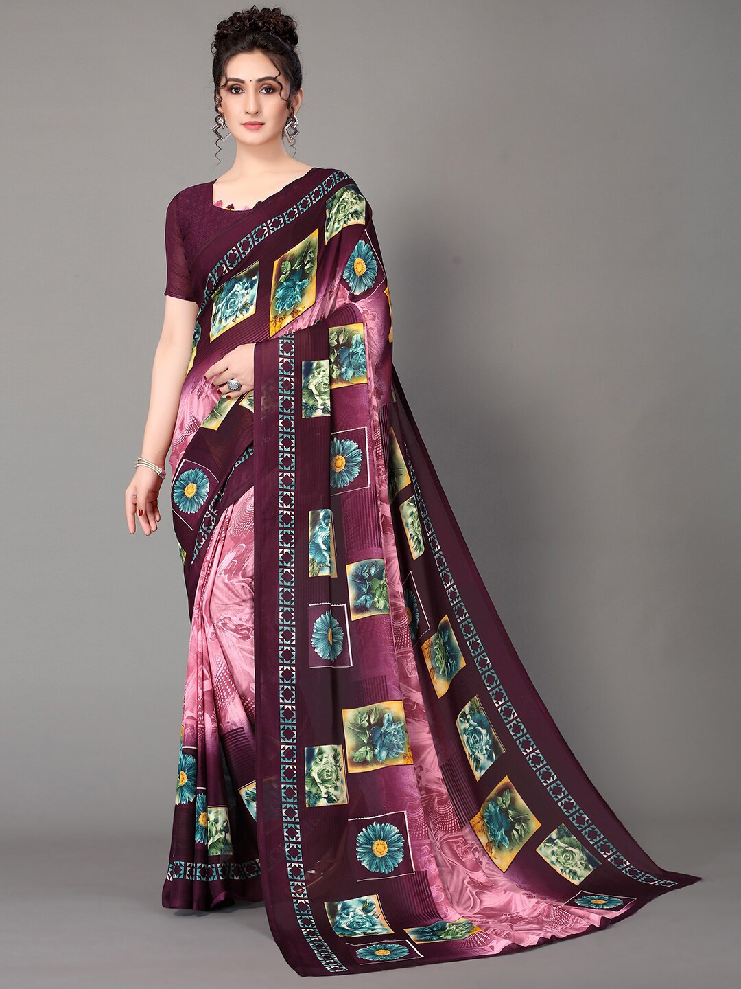 GORGONE Floral Printed Saree, Pink