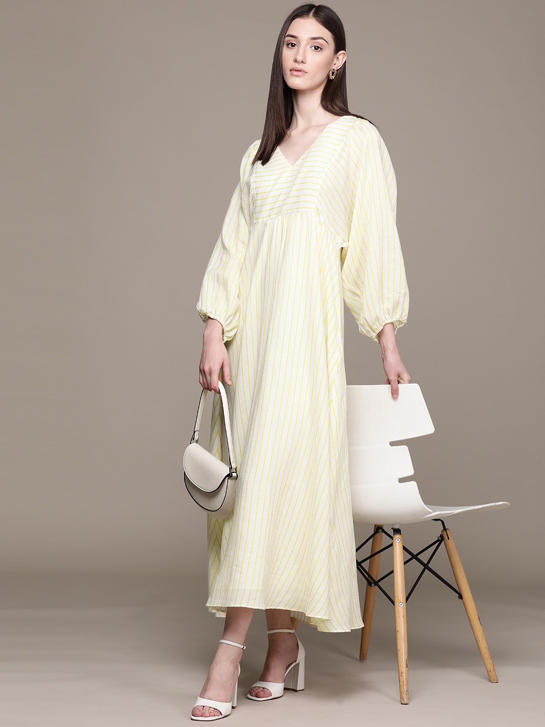 MANGO Striped Puff Sleeves Maxi Dress, Violet