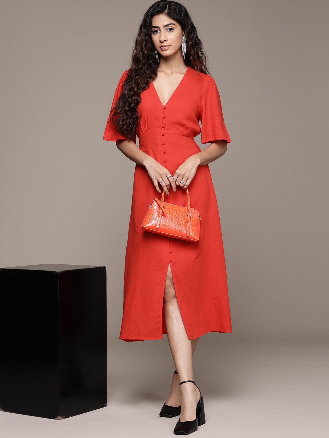 MANGO Flared Sleeve A-Line Midi A-Line Dress, Red