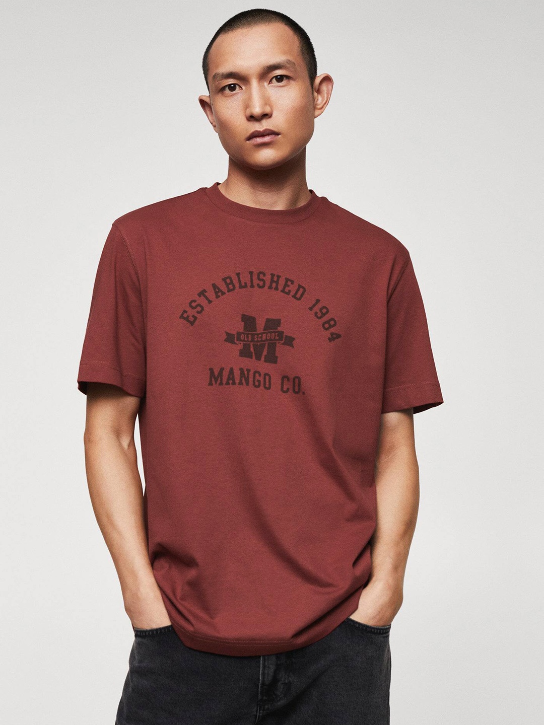 MANGO MAN Sustainable Pure Cotton Typography Printed T-shirt, Maroon