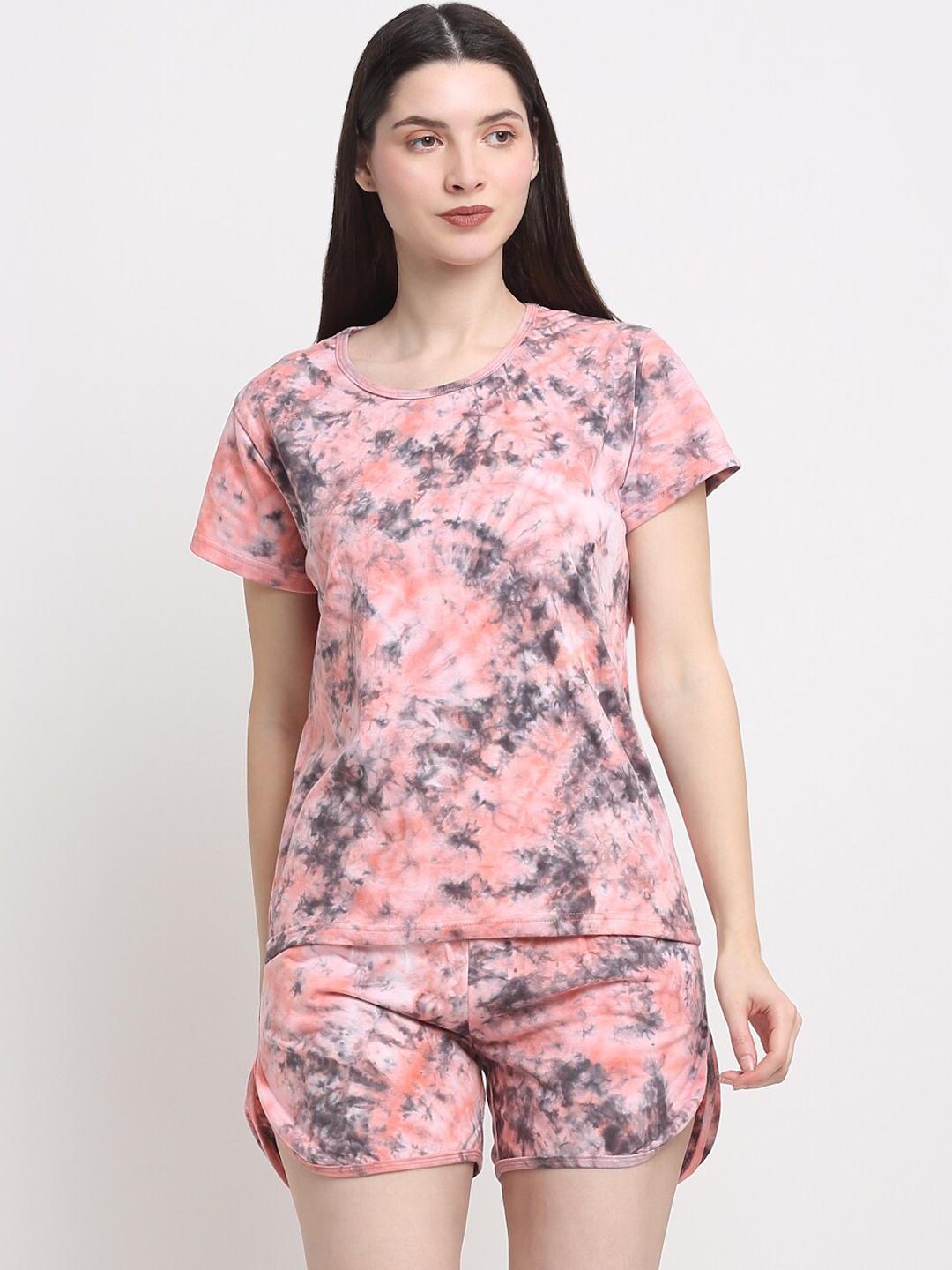 Creeva Tie And Dye Printed Pure Cotton Night Suit, Coral