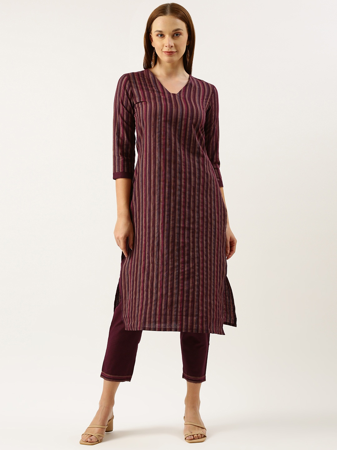 Saanjh Striped Regular Kurta With Trousers, Maroon